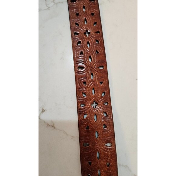 Fossil Leather Perforated Belt Brown Silver Buckle Womens S/M Floral Design - Picture 2 of 7